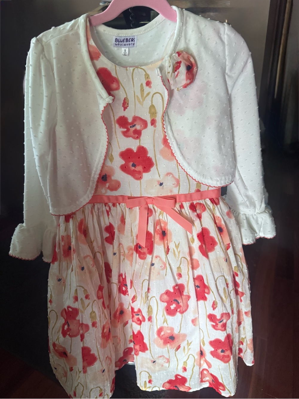 Blueberi Boulevard Coral Floral Dress with Ivory Bolero